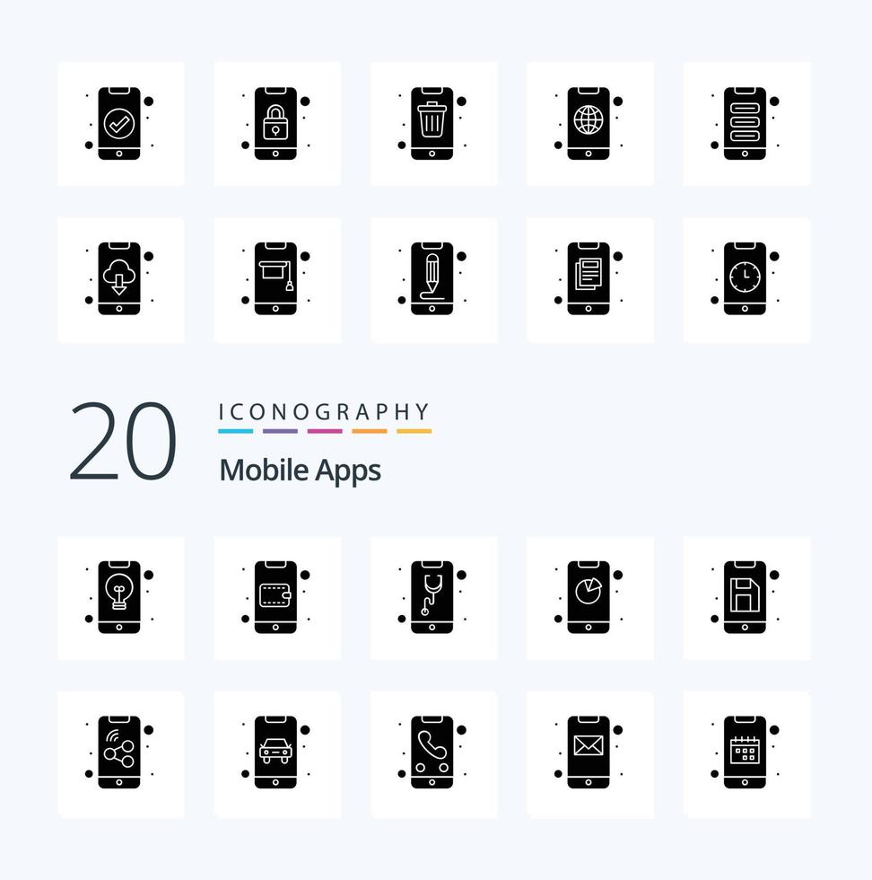 20 Mobile Apps Solid Glyph icon Pack like app app wallet analytics care vector