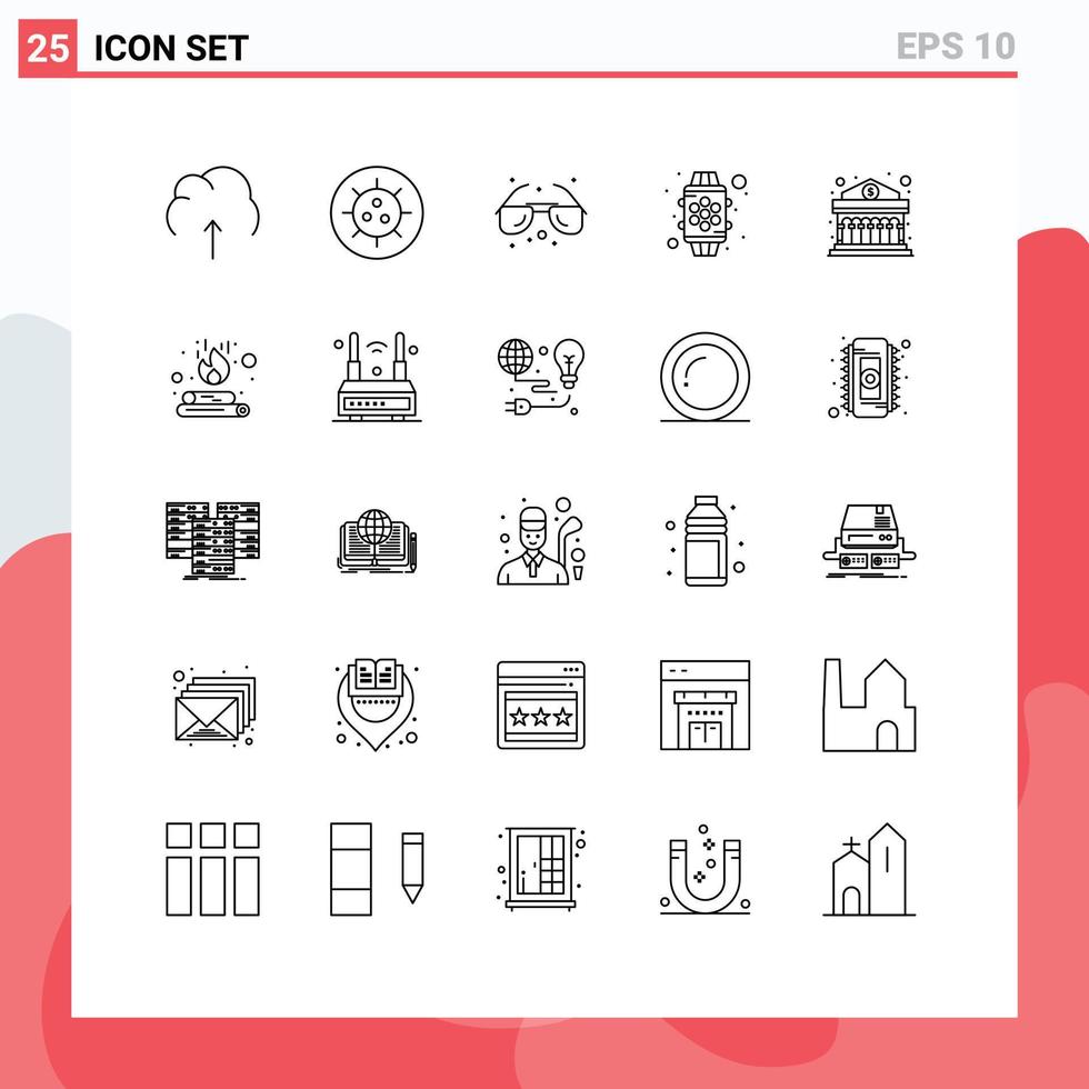 Group of 25 Lines Signs and Symbols for banking feature beach watch device Editable Vector Design Elements