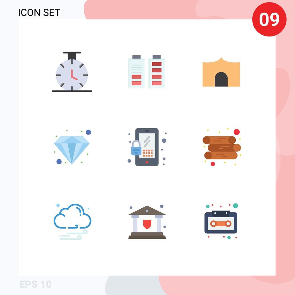 9 Universal Flat Color Signs Symbols of energy mobile castle tower lock premium Editable Vector Design Elements