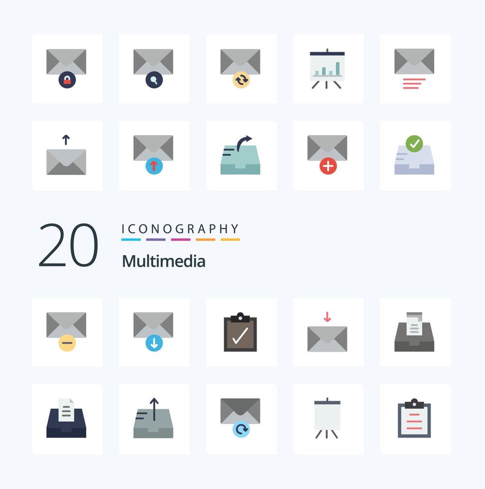 20 Multimedia Flat Color icon Pack like send mail search presentation analytics vector