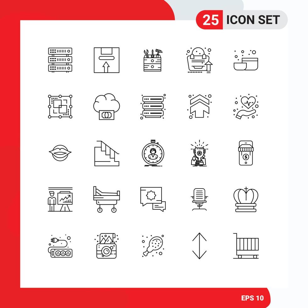 pictograma conjunto de 25 sencillo líneas de cuenco bolso paquete analítica herramientas editable vector diseño elementos