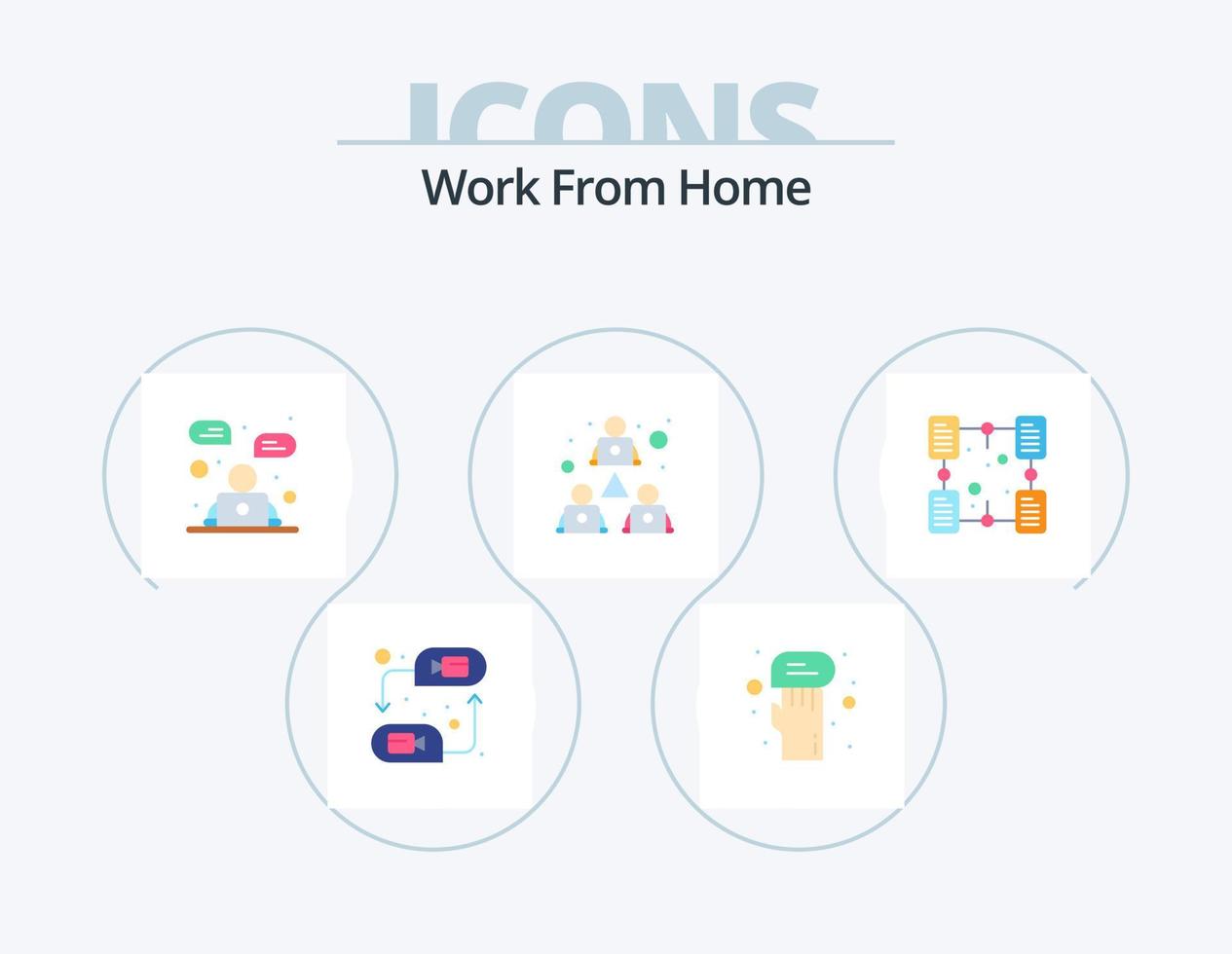 Work From Home Flat Icon Pack 5 Icon Design. sharing. meeting. chat. team work. communication vector