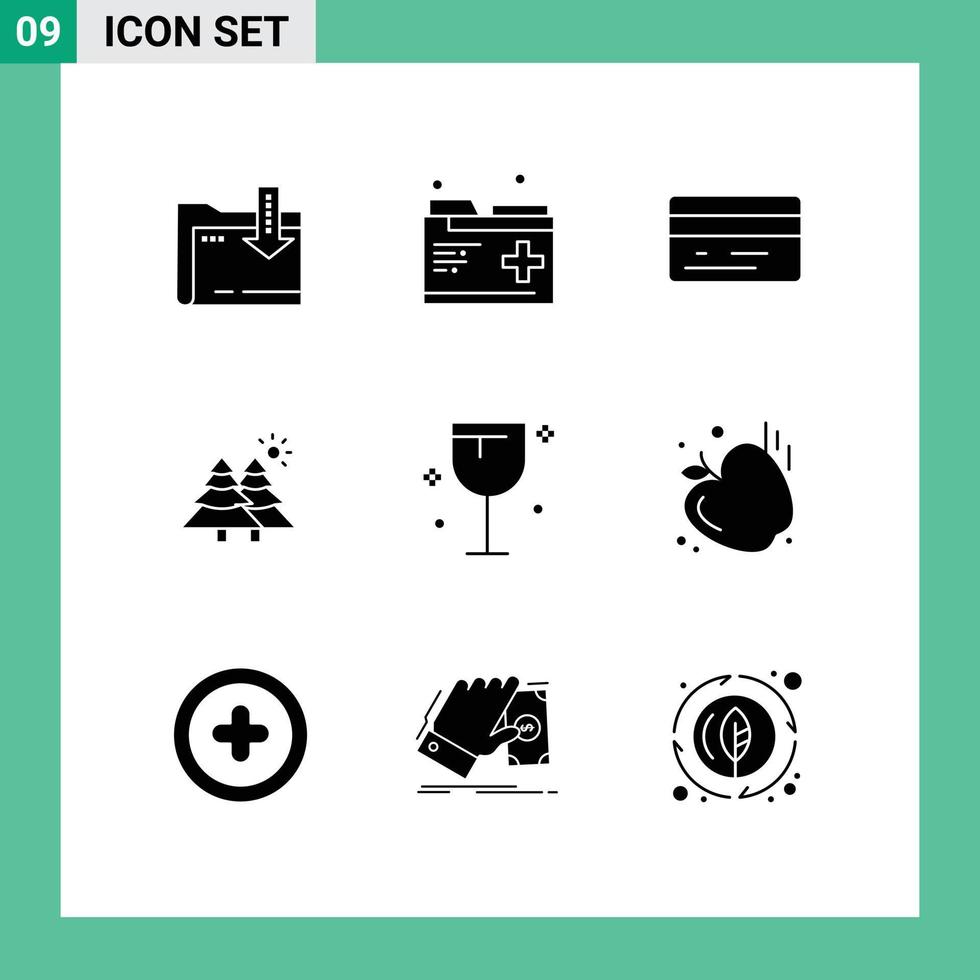 Mobile Interface Solid Glyph Set of 9 Pictograms of glass drinks back trees forest Editable Vector Design Elements