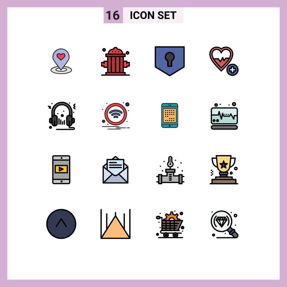 User Interface Pack of 16 Basic Flat Color Filled Lines of headphone heart outfit love shield Editable Creative Vector Design Elements