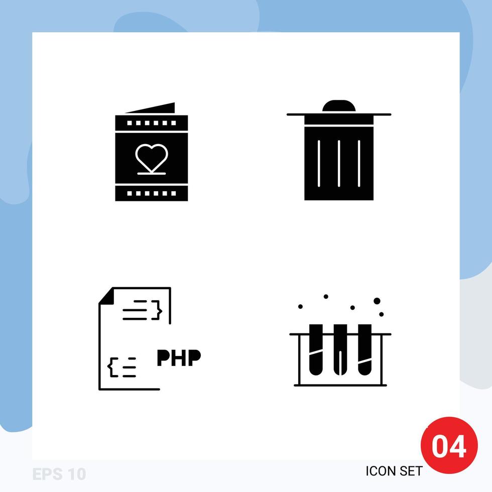 Set of 4 Vector Solid Glyphs on Grid for love develop valentine trash document Editable Vector Design Elements
