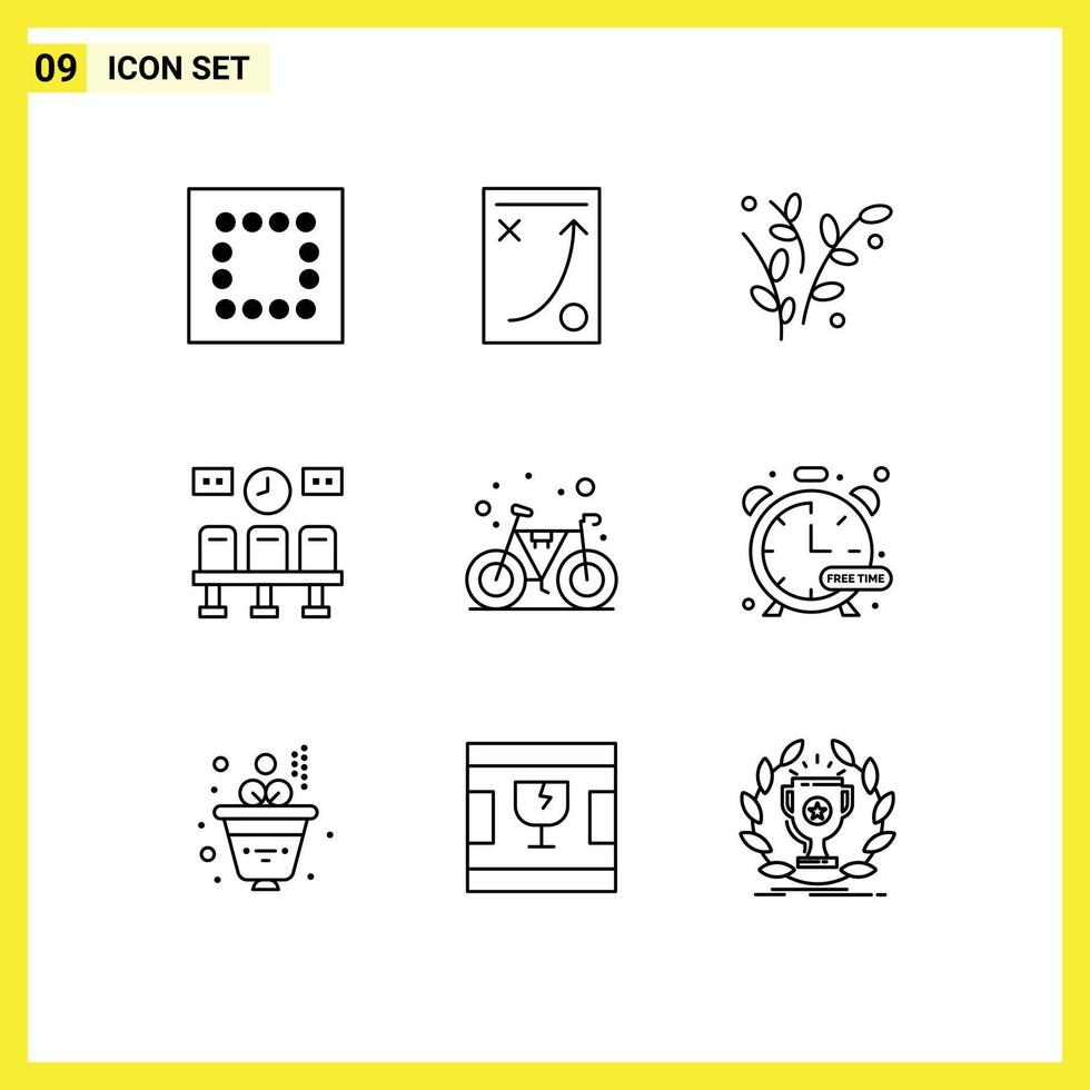 Mobile Interface Outline Set of 9 Pictograms of cycle bicycle nature clock train Editable Vector Design Elements