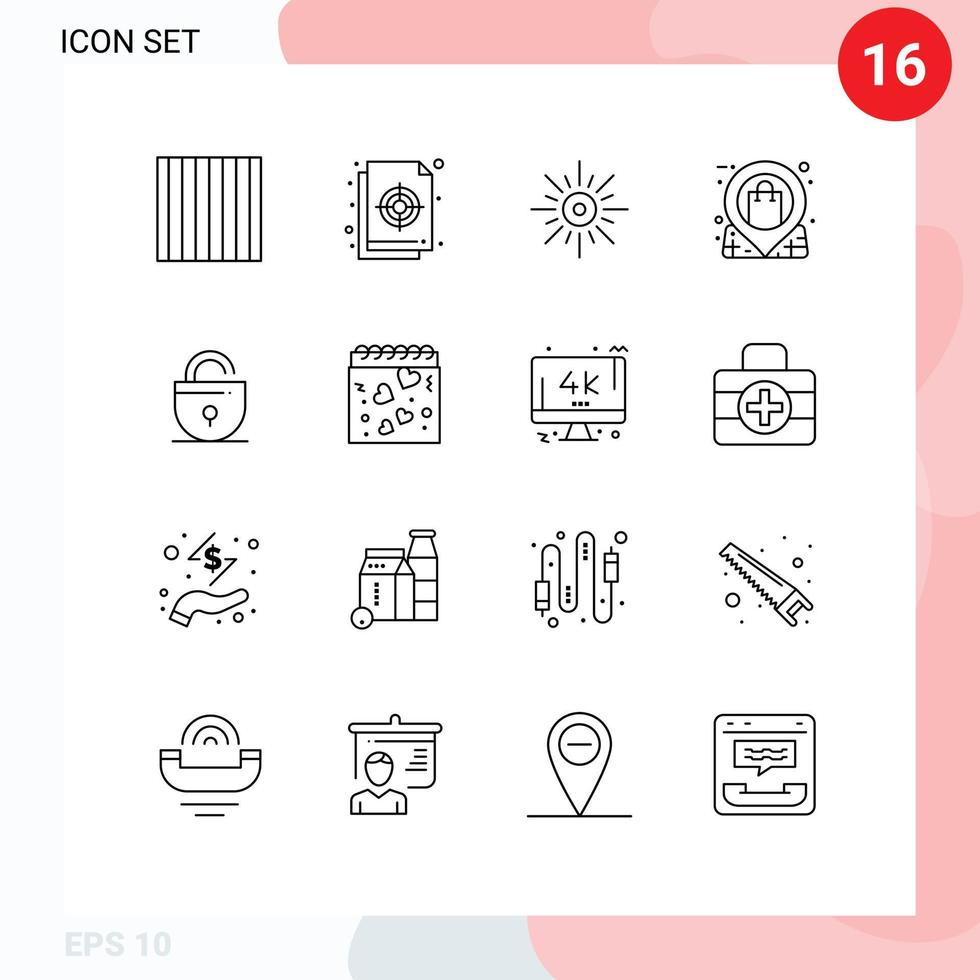 16 User Interface Outline Pack of modern Signs and Symbols of store pin sun market weather Editable Vector Design Elements