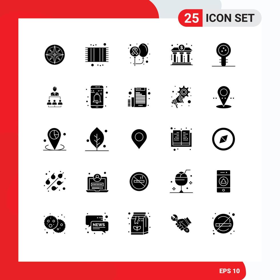 Set of 25 Commercial Solid Glyphs pack for building bank mat world day Editable Vector Design Elements