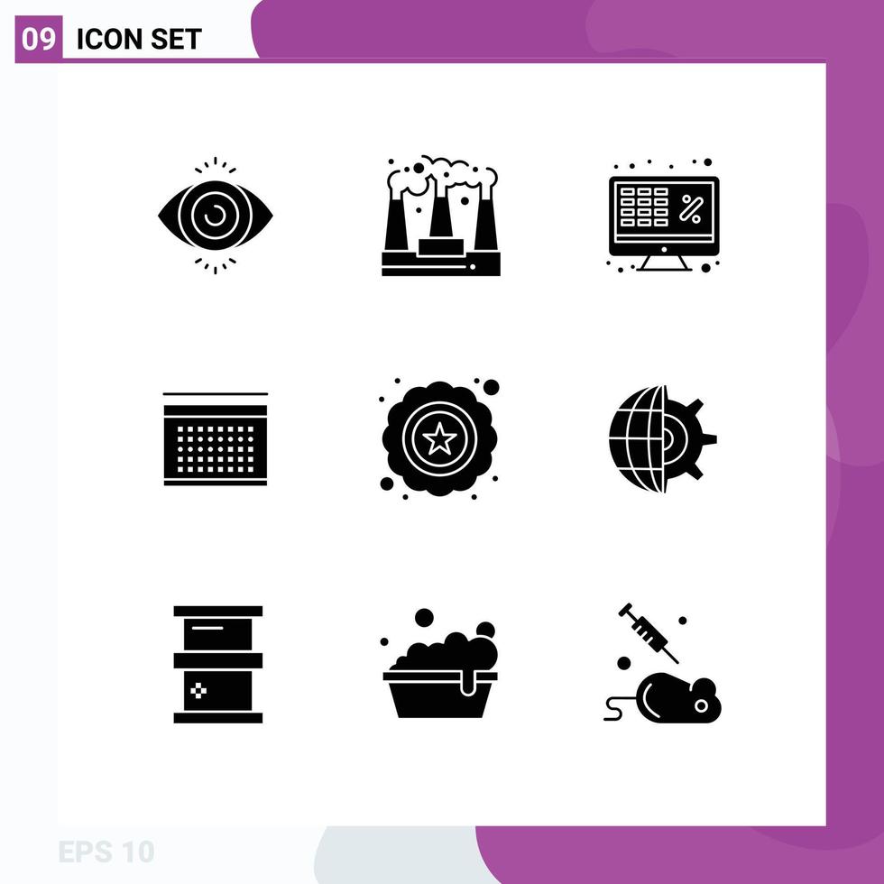 Set of 9 Commercial Solid Glyphs pack for quality holidays excel date calendar Editable Vector Design Elements
