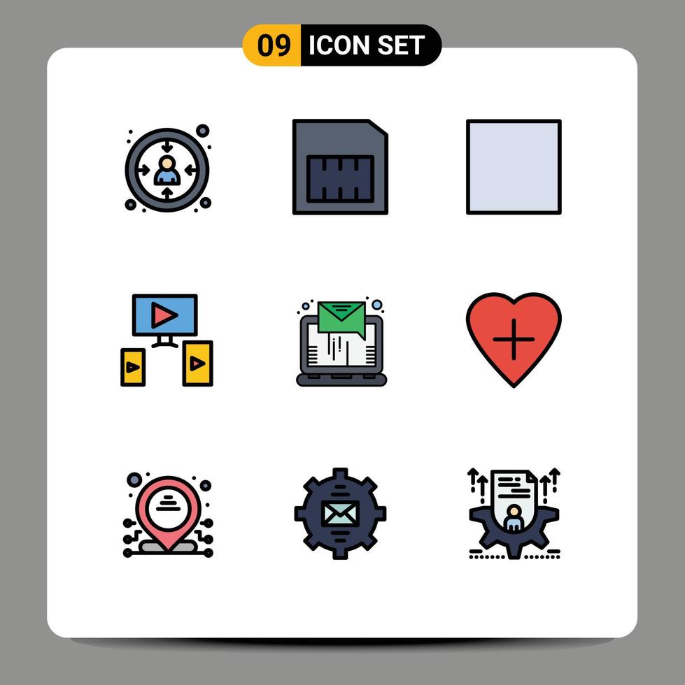 Modern Set of 9 Filledline Flat Colors and symbols such as heart shape sending view online email Editable Vector Design Elements