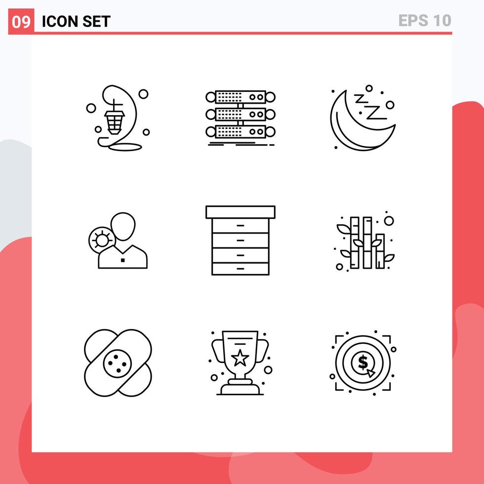 Modern Set of 9 Outlines Pictograph of personal gear database efficiency moon Editable Vector Design Elements