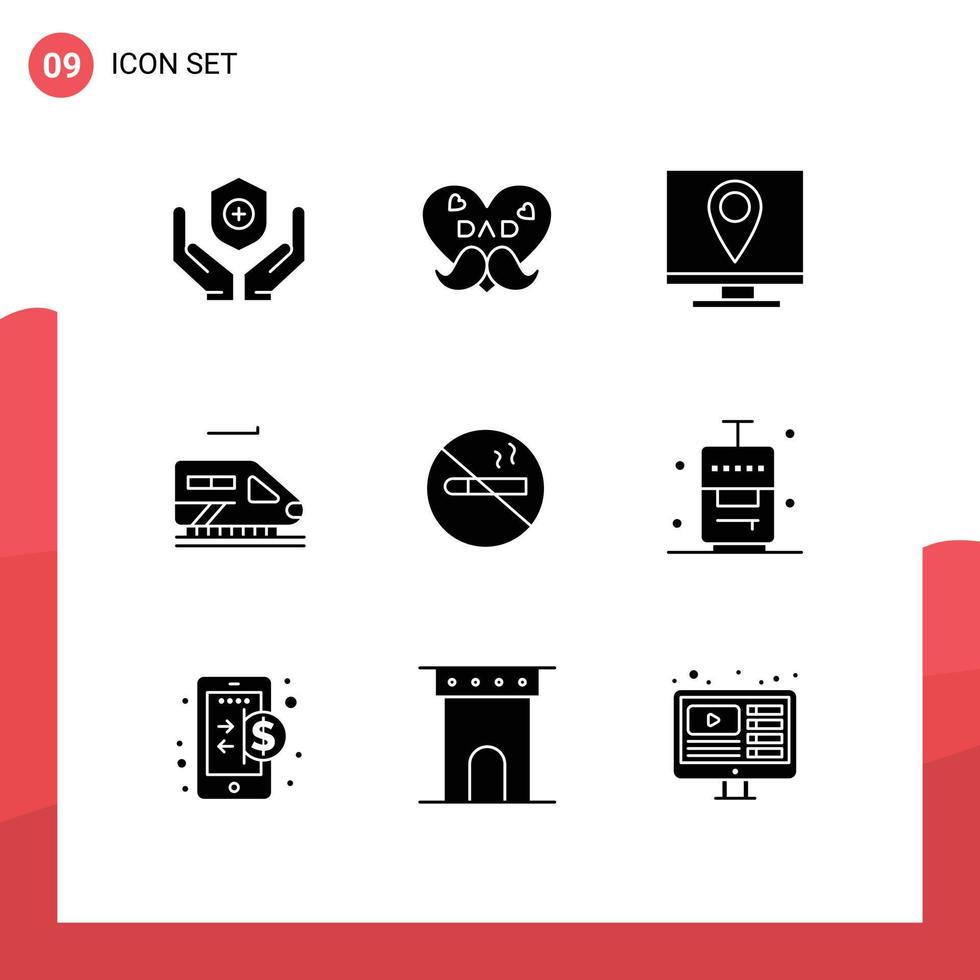 Pack of 9 creative Solid Glyphs of no smoking tunnel address transport page Editable Vector Design Elements