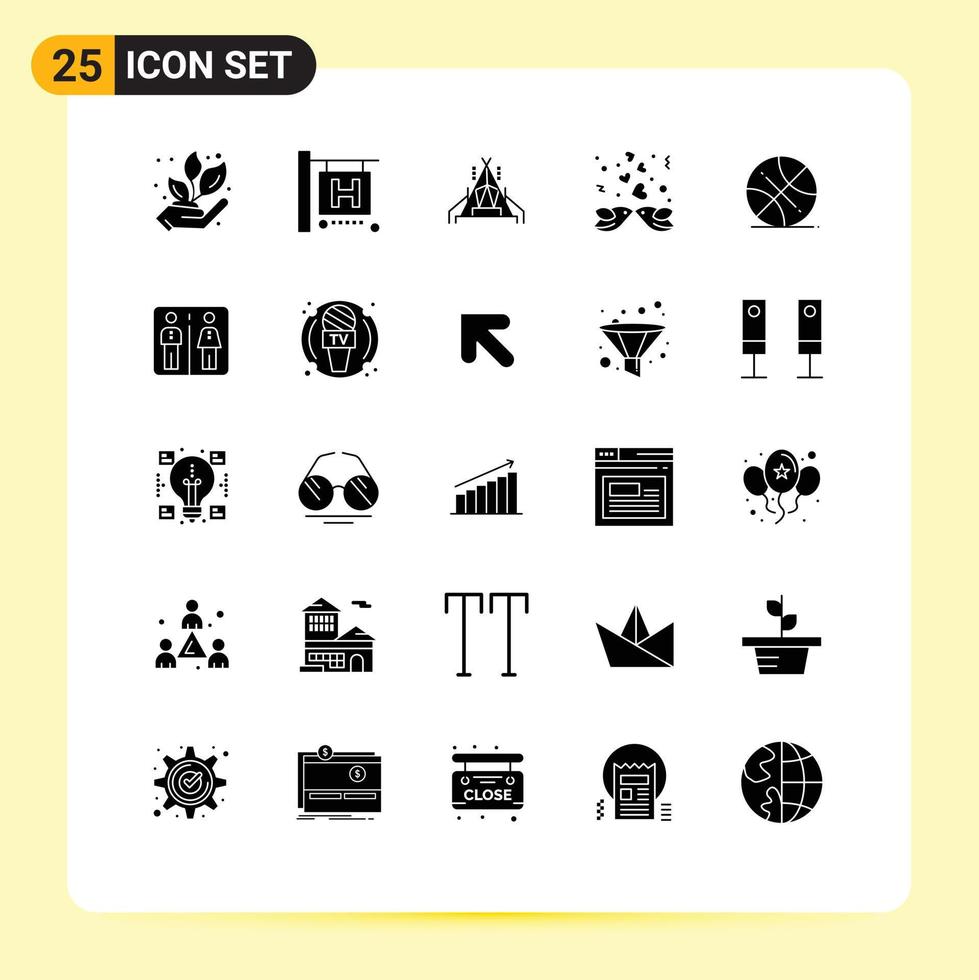 Mobile Interface Solid Glyph Set of 25 Pictograms of usa ball tent backetball heart Editable Vector Design Elements