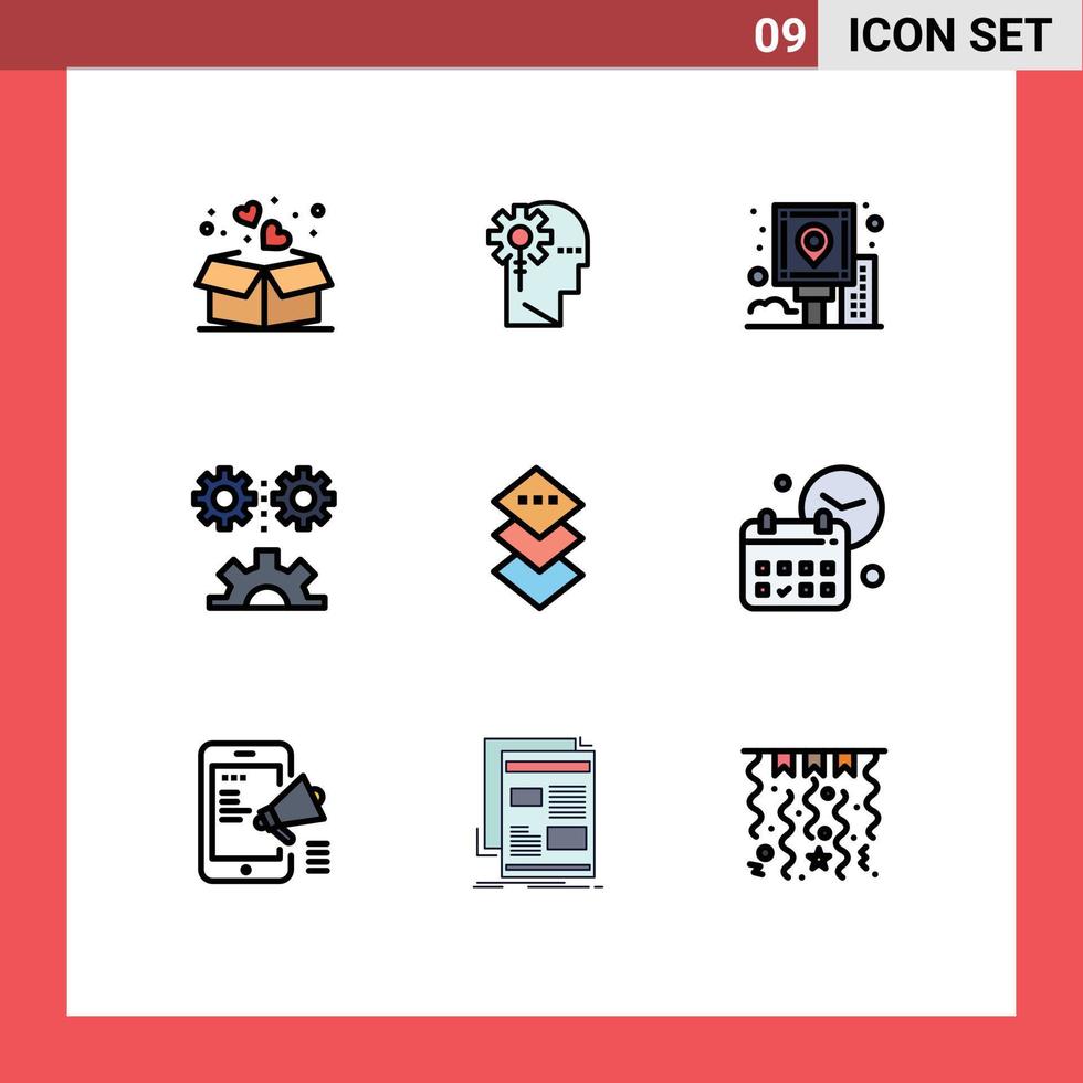 9 User Interface Filledline Flat Color Pack of modern Signs and Symbols of engineering science applied science information route navigation Editable Vector Design Elements