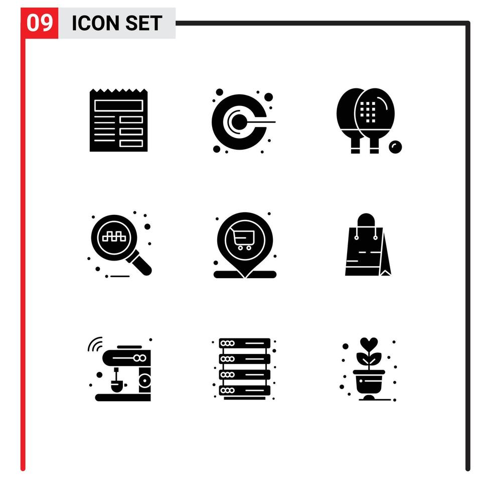 9 Thematic Vector Solid Glyphs and Editable Symbols of shopping taxi activities search ping Editable Vector Design Elements