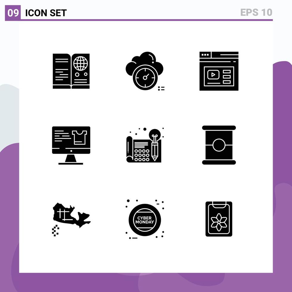 9 User Interface Solid Glyph Pack of modern Signs and Symbols of shopping screen cloud computer website Editable Vector Design Elements