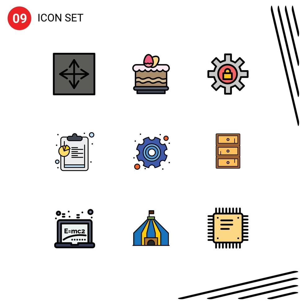 Group of 9 Modern Filledline Flat Colors Set for gear data egg chart support Editable Vector Design Elements