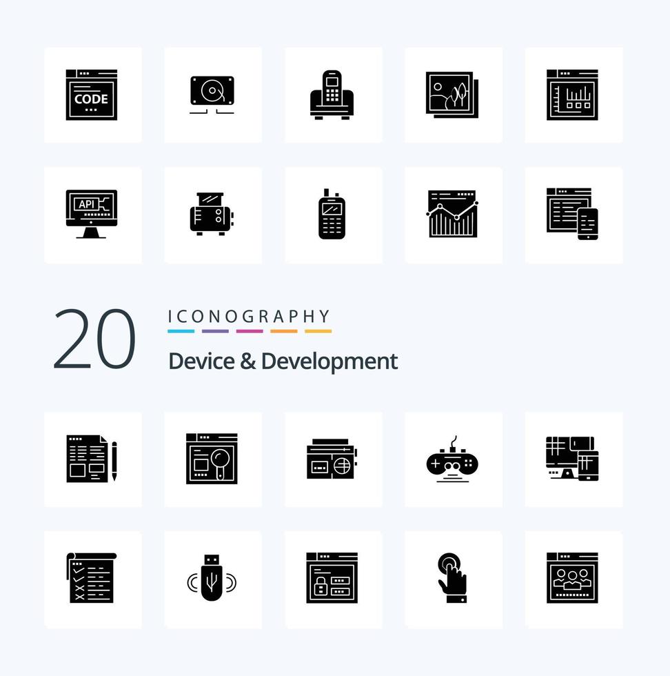 20 Device And Development Solid Glyph icon Pack like monitor game pad tape  game controller controller vector