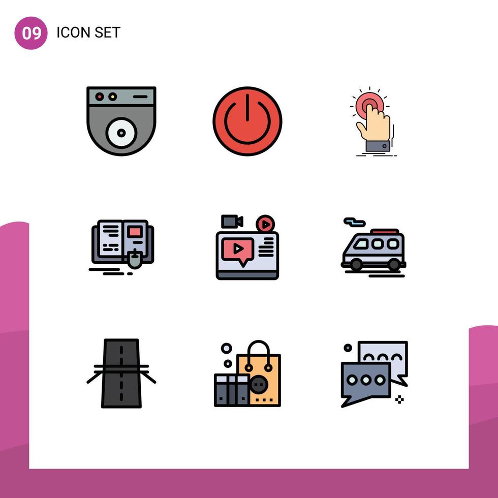 Filledline Flat Color Pack of 9 Universal Symbols of video knowledge touch education start Editable Vector Design Elements