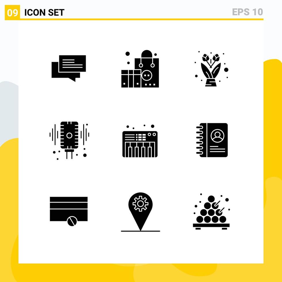 9 Universal Solid Glyph Signs Symbols of piano sound flower audio record Editable Vector Design Elements