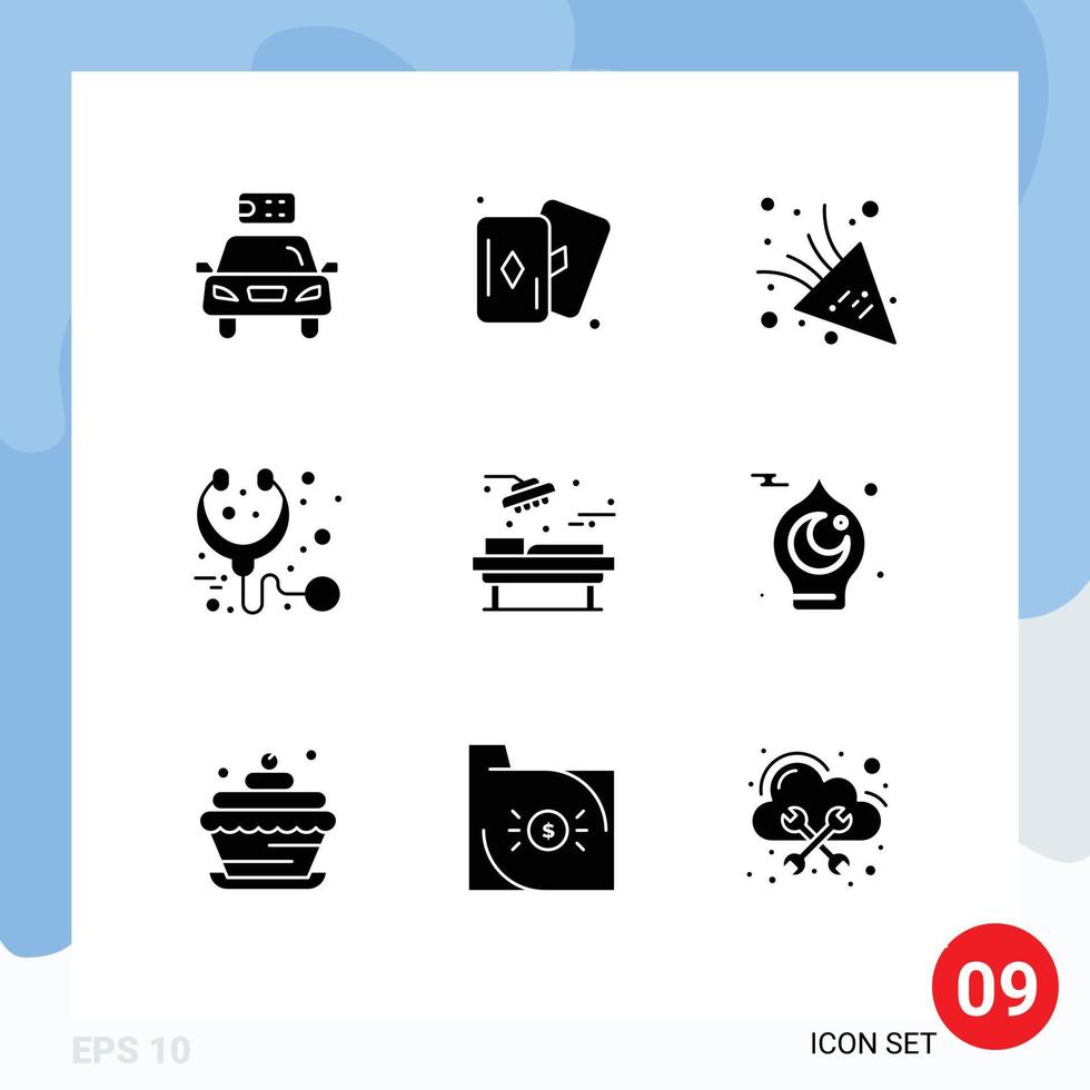 Group of 9 Solid Glyphs Signs and Symbols for room hospital celebrate stethoscope health Editable Vector Design Elements