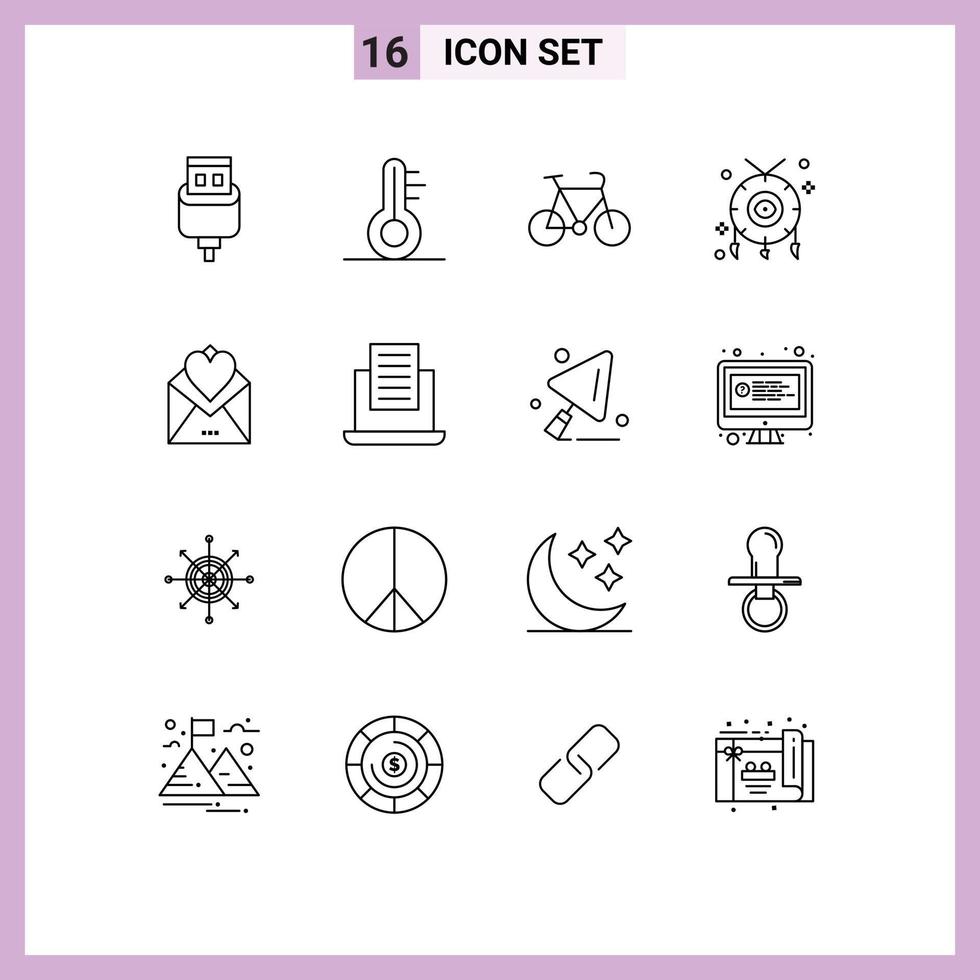 Pack of 16 Modern Outlines Signs and Symbols for Web Print Media such as card letter bike western cultures Editable Vector Design Elements