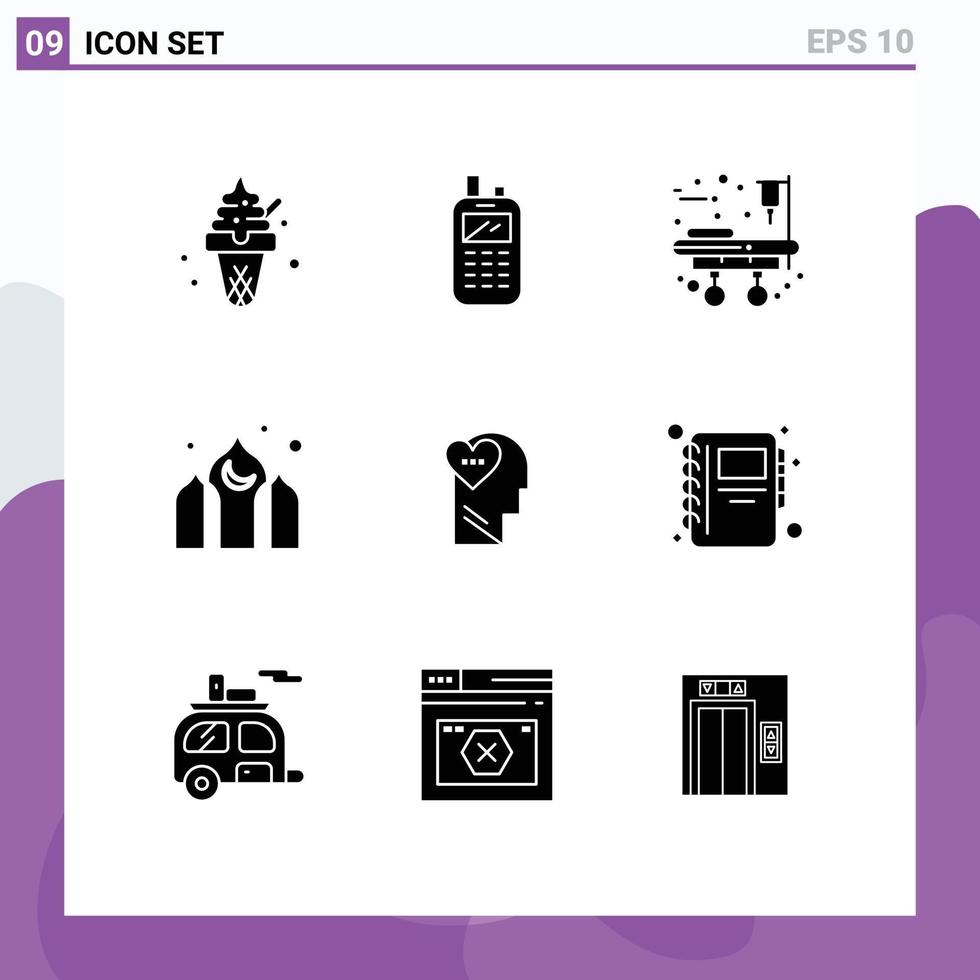 Pictogram Set of 9 Simple Solid Glyphs of mind feelings medical equipment ramadan asia Editable Vector Design Elements