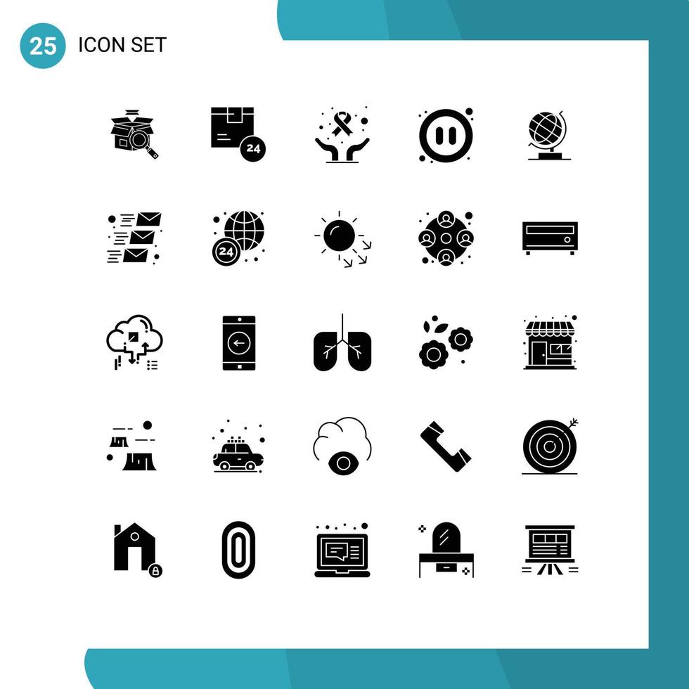 Universal Icon Symbols Group of 25 Modern Solid Glyphs of world pause time multimedia world day Editable Vector Design Elements