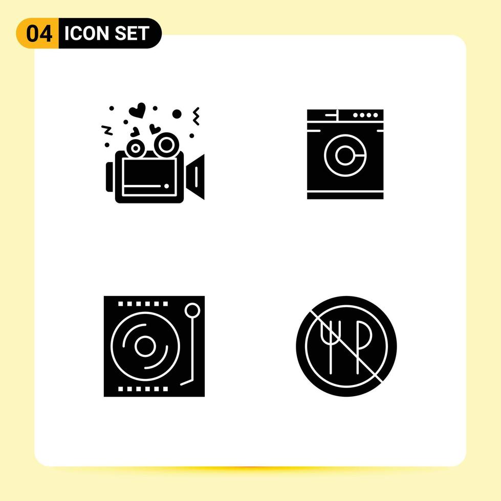 4 Thematic Vector Solid Glyphs and Editable Symbols of love music wedding washing vinyl Editable Vector Design Elements