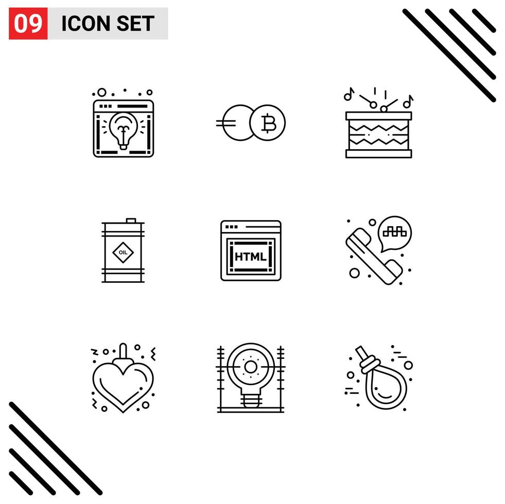 Set of 9 Commercial Outlines pack for coding oil barrel crypto currency oil sticks Editable Vector Design Elements