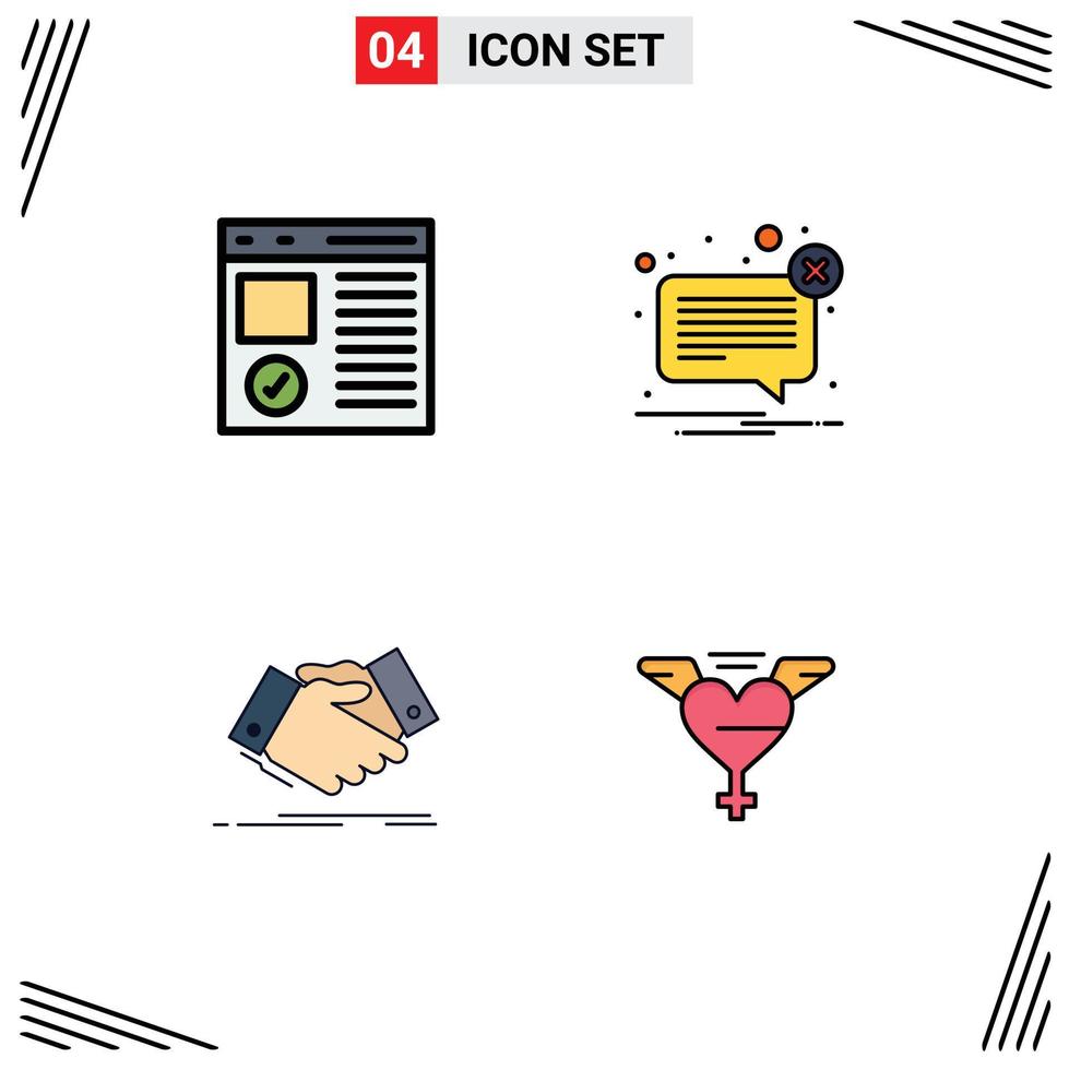 Modern Set of 4 Filledline Flat Colors Pictograph of browser not development error hand shake Editable Vector Design Elements