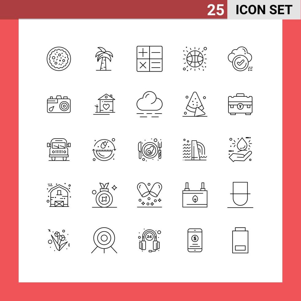 Modern Set of 25 Lines Pictograph of tick sport palm tree basketball math Editable Vector Design Elements
