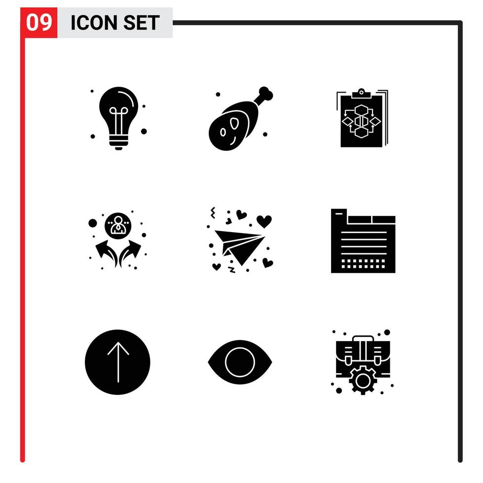 Group of 9 Modern Solid Glyphs Set for group work meat process diagram Editable Vector Design Elements