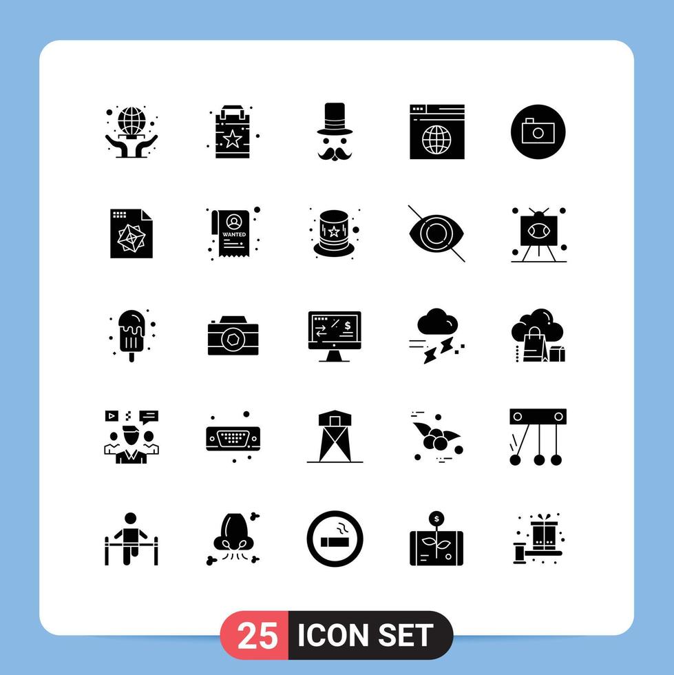 Set of 25 Modern UI Icons Symbols Signs for camera server moustache network hat Editable Vector Design Elements