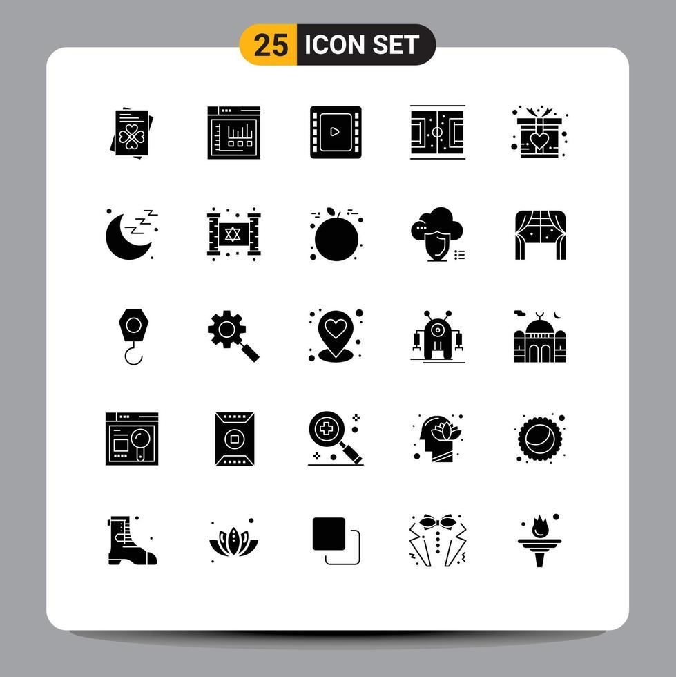 25 Universal Solid Glyphs Set for Web and Mobile Applications present gift cinema match playground Editable Vector Design Elements