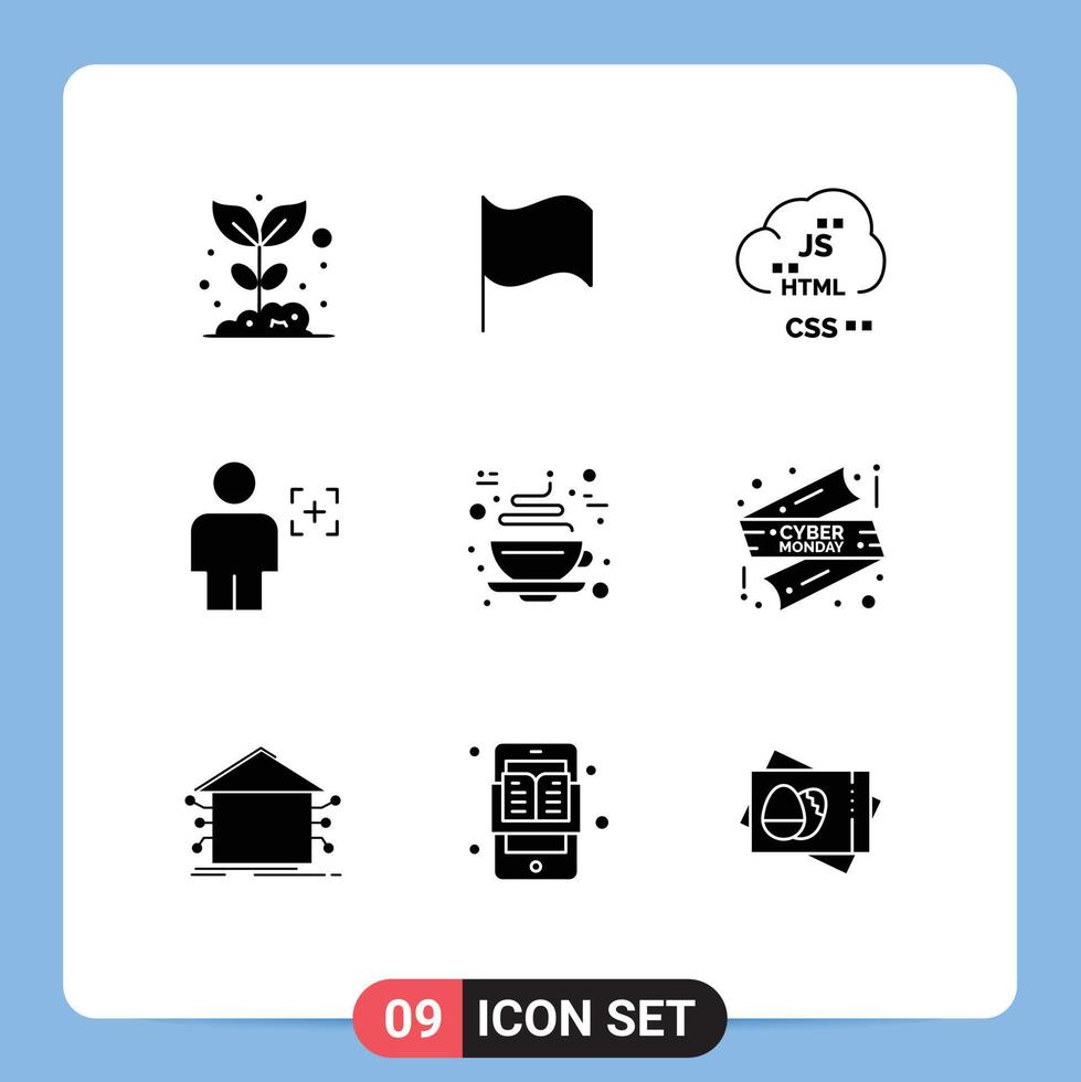 9 User Interface Solid Glyph Pack of modern Signs and Symbols of recognition human cloud body development Editable Vector Design Elements