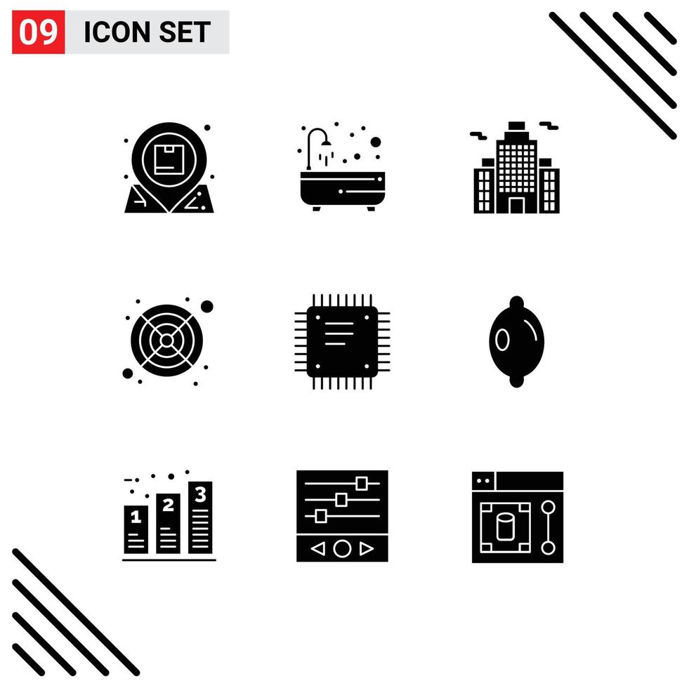 User Interface Pack of 9 Basic Solid Glyphs of cpu chip shower fan computer Editable Vector Design Elements