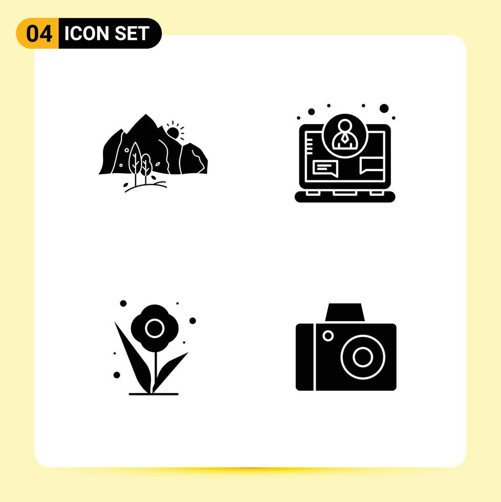 Modern Set of 4 Solid Glyphs Pictograph of hill flower mountain concept rose Editable Vector Design Elements