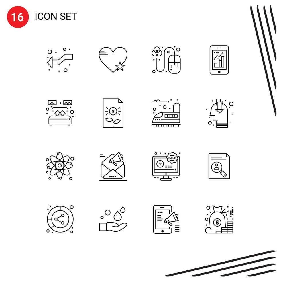 Pack of 16 creative Outlines of mobile graph infographic favorite analytics grid Editable Vector Design Elements