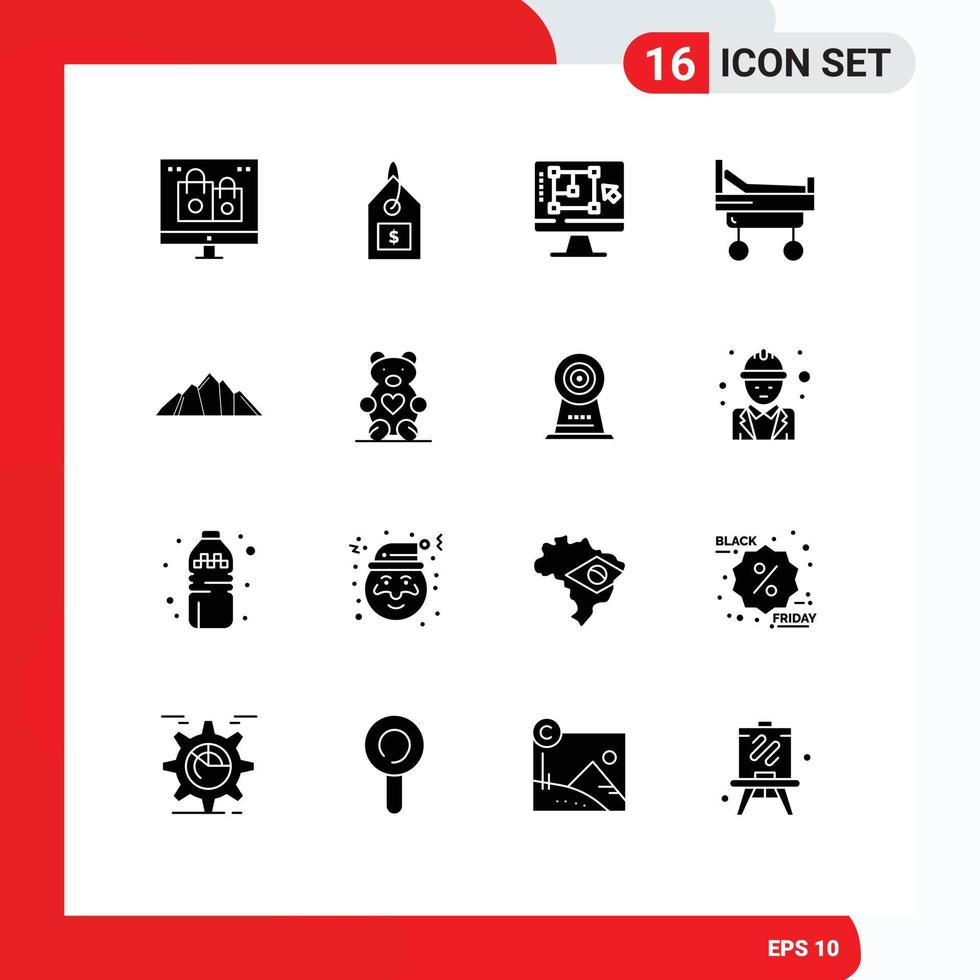 Solid Glyph Pack of 16 Universal Symbols of hill hospital interface bed enhance Editable Vector Design Elements