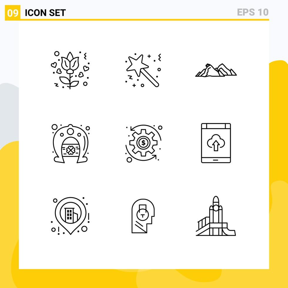 9 Outline concept for Websites Mobile and Apps coin fortune mountain festival scene Editable Vector Design Elements
