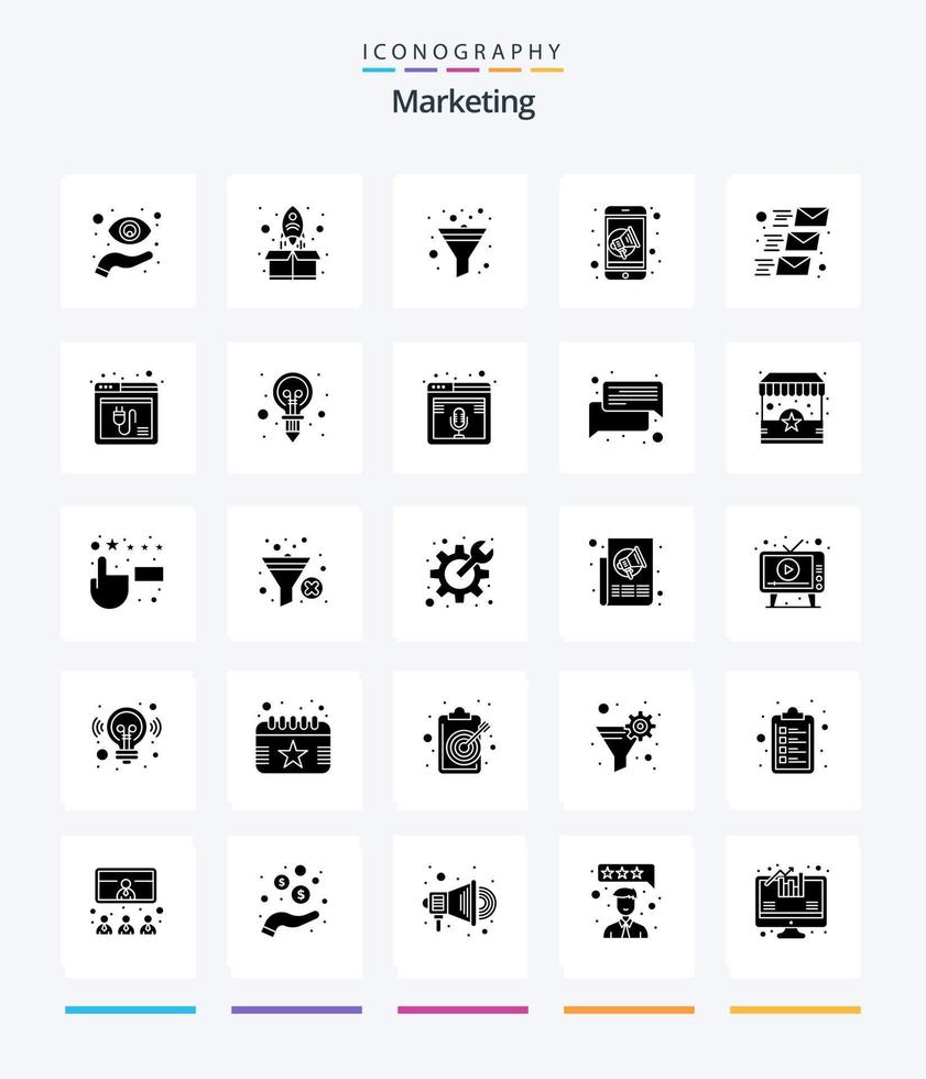 creativo márketing 25 glifo sólido negro icono paquete tal como correo. vocero. paquete. móvil. publicidad vector