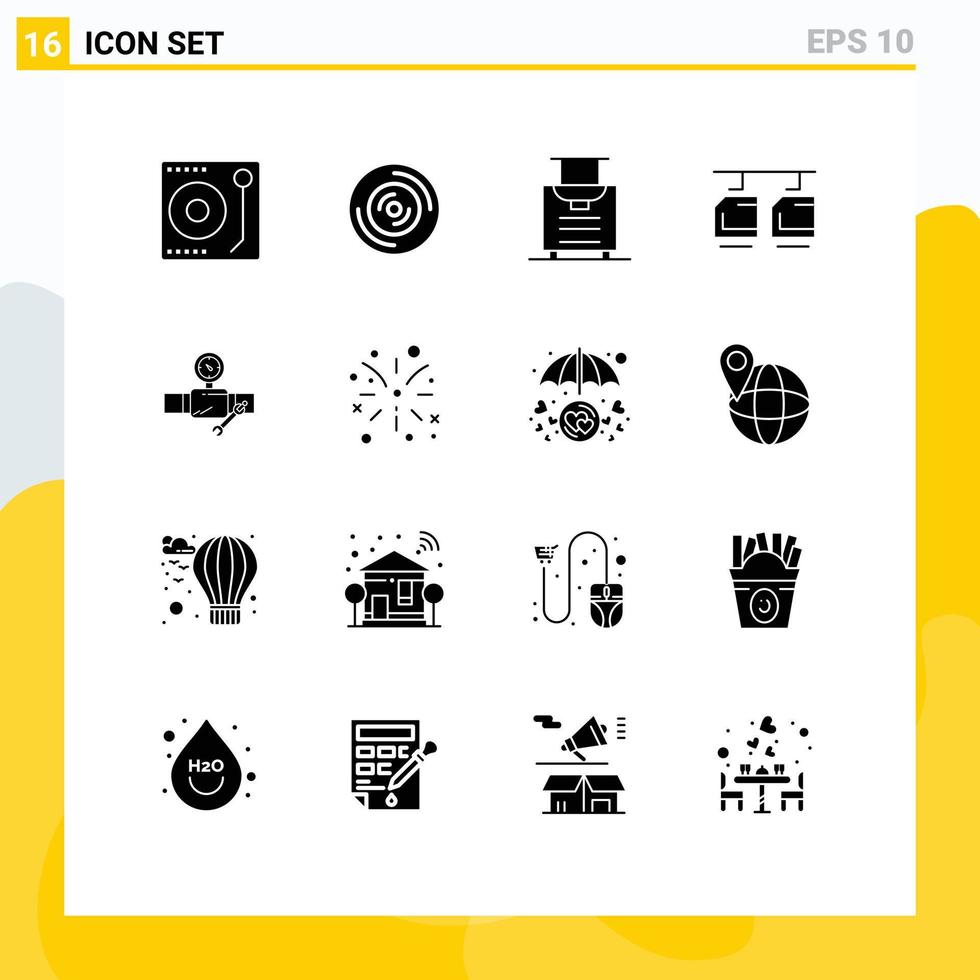 Pack of 16 creative Solid Glyphs of construction pipe baggage vehicles car Editable Vector Design Elements