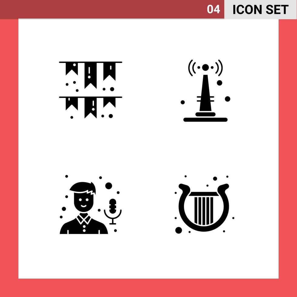 Pack of 4 creative Solid Glyphs of celebrate mic party router recorder Editable Vector Design Elements