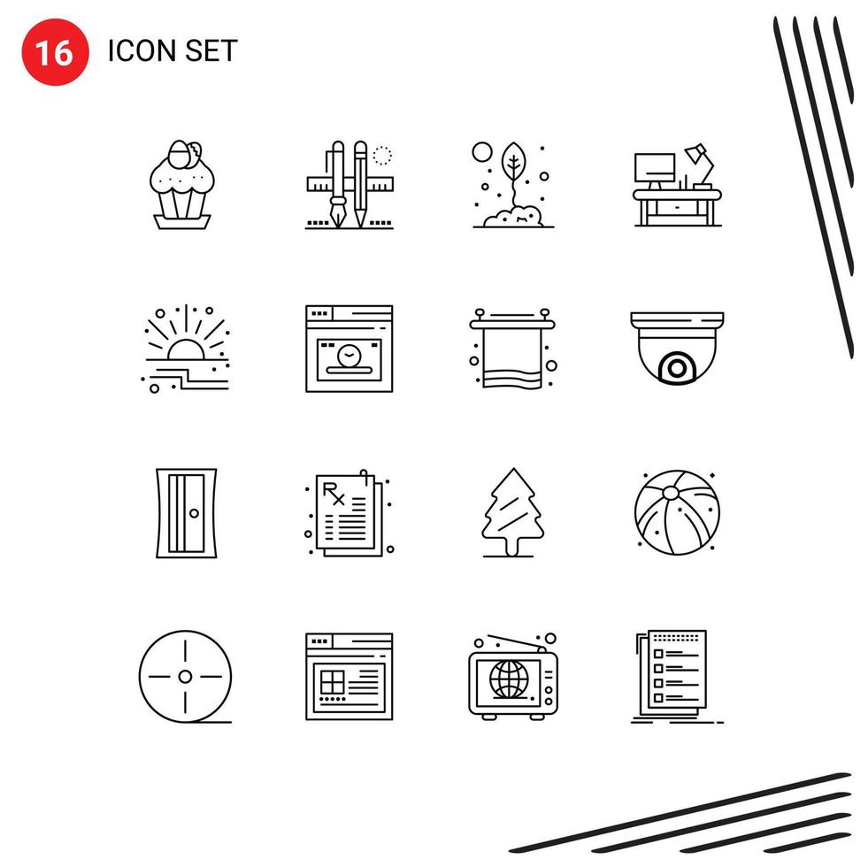 Modern Set of 16 Outlines Pictograph of office table table lamp scale nature environment Editable Vector Design Elements