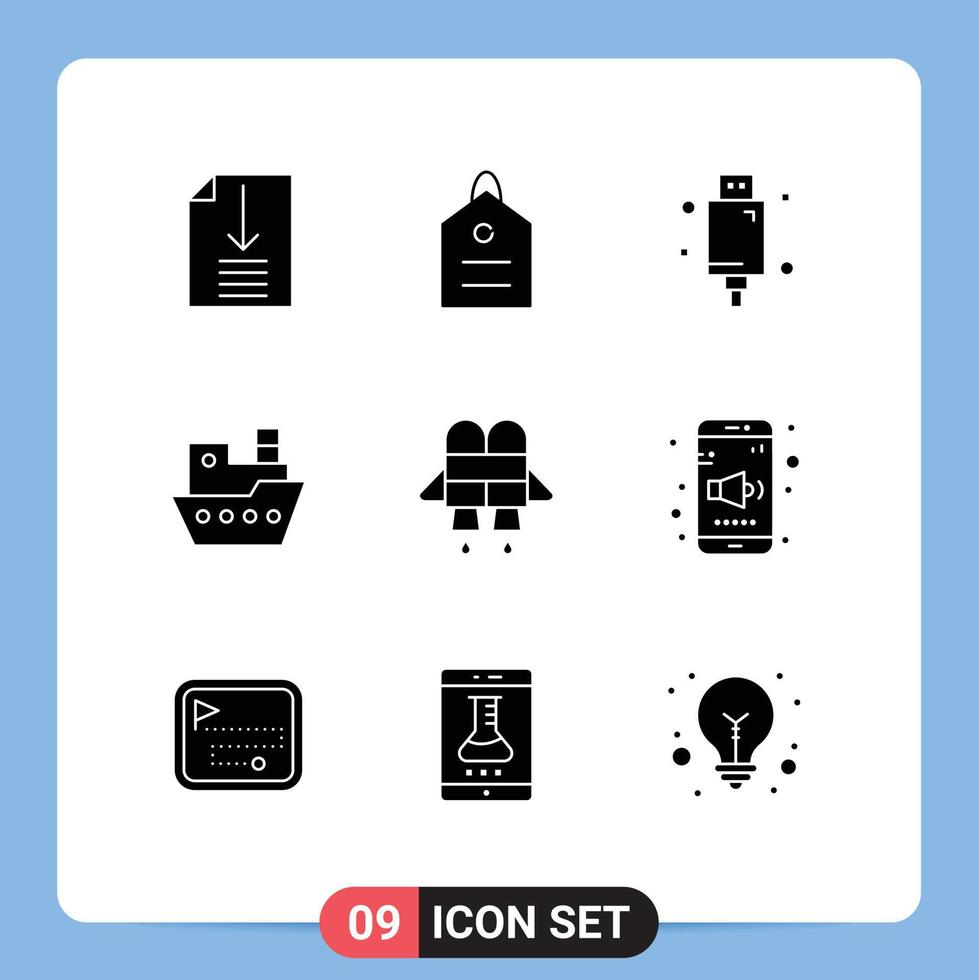 9 User Interface Solid Glyph Pack of modern Signs and Symbols of jetpack vessel devices steamship ship Editable Vector Design Elements