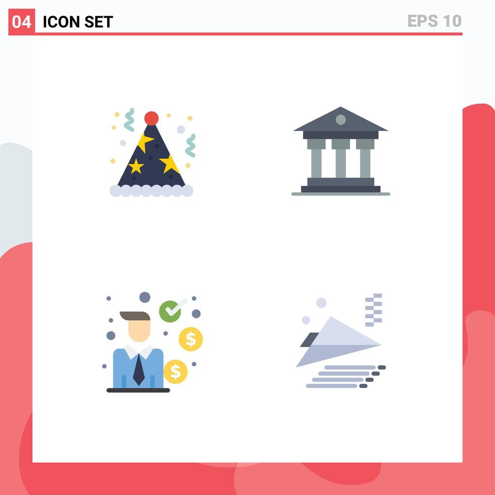 Group of 4 Flat Icons Signs and Symbols for birthday investment hat money finance Editable Vector Design Elements