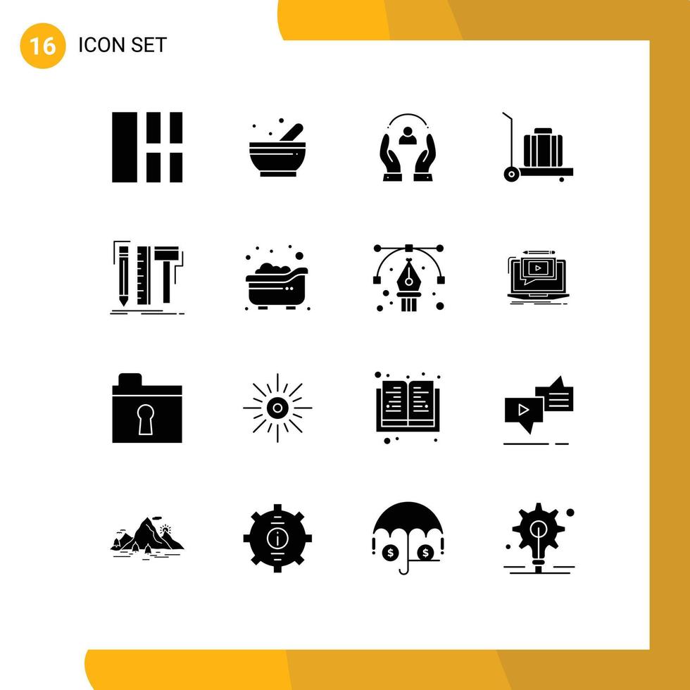 Mobile Interface Solid Glyph Set of 16 Pictograms of tools designer caring design baggage Editable Vector Design Elements