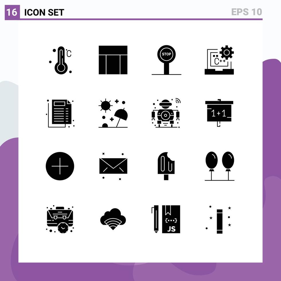 Pack of 16 Modern Solid Glyphs Signs and Symbols for Web Print Media such as document medical stop development coding Editable Vector Design Elements