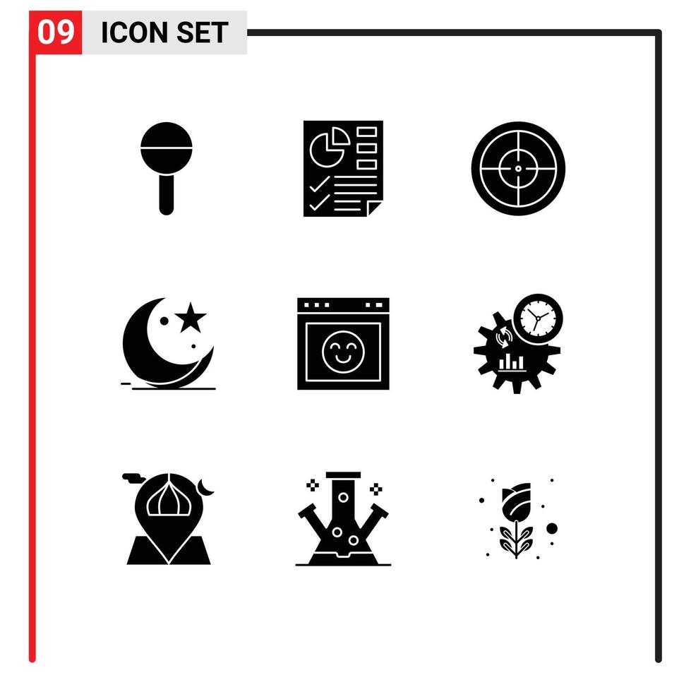 Set of 9 Modern UI Icons Symbols Signs for emotion muslims army celebration moon Editable Vector Design Elements